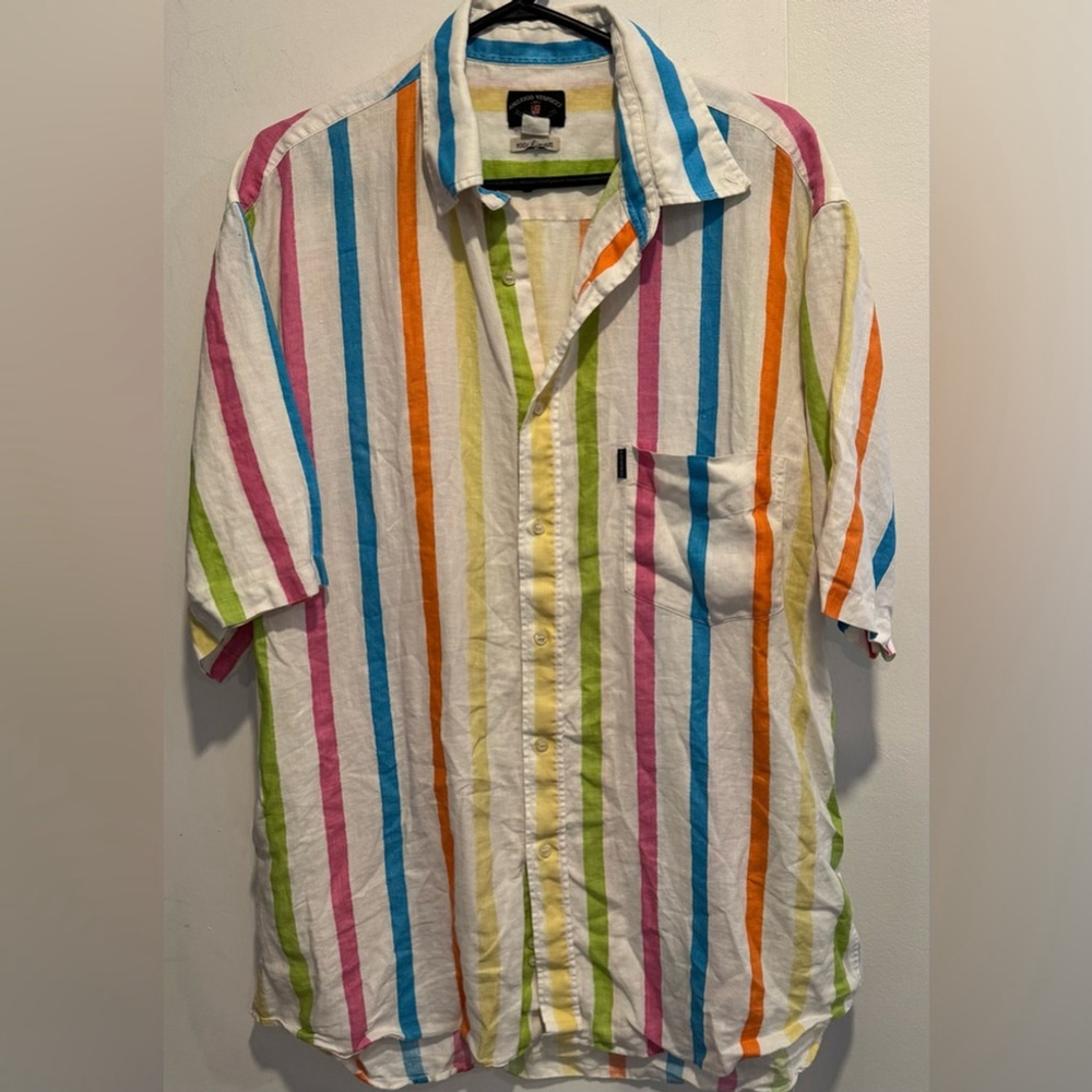 Vintage Linen Amerigo Vespucci boat beach striped button up resort shirt 41/L XL
